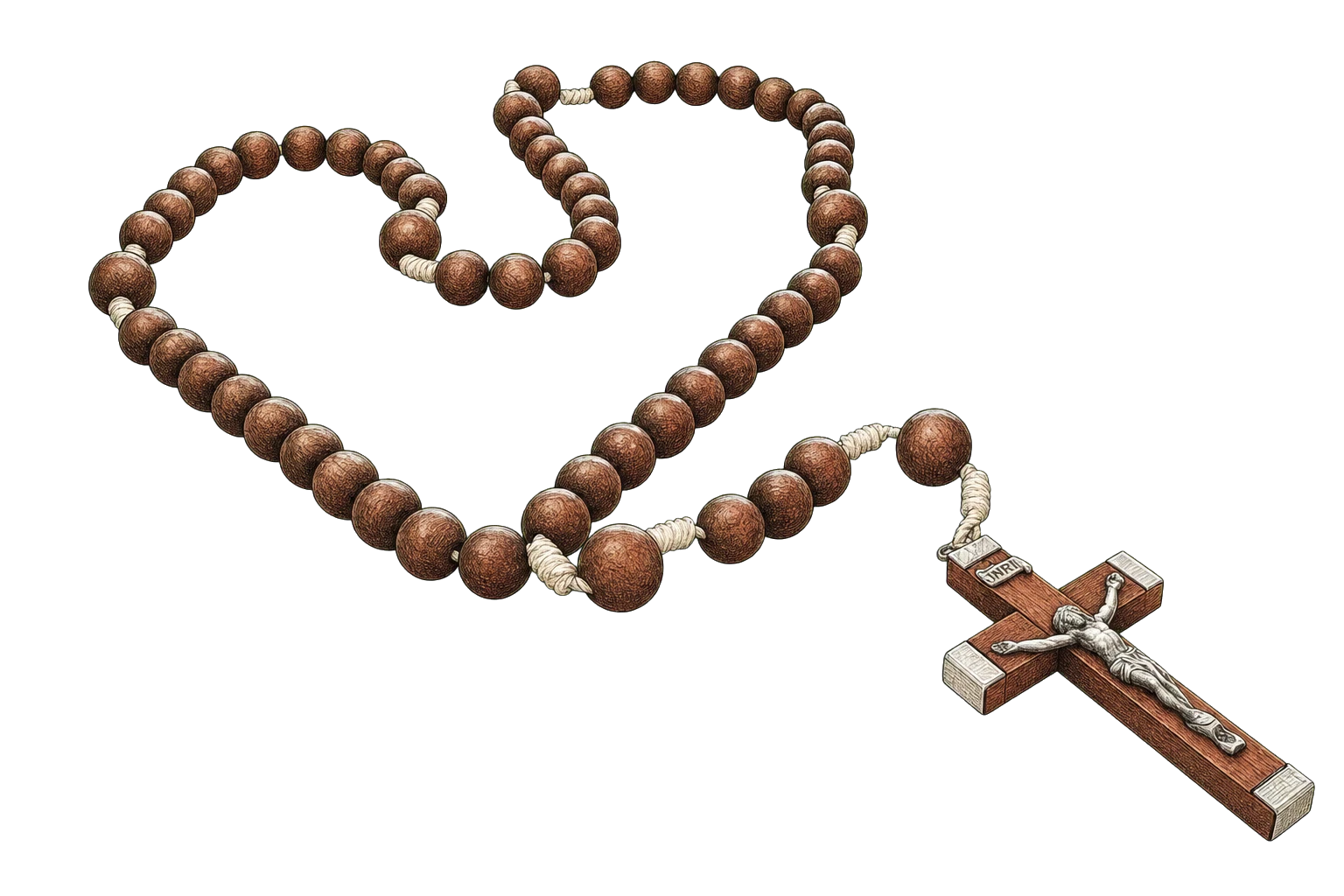 Line drawing of a wooden Rosary resting naturally, with its crucifix at the lower right.